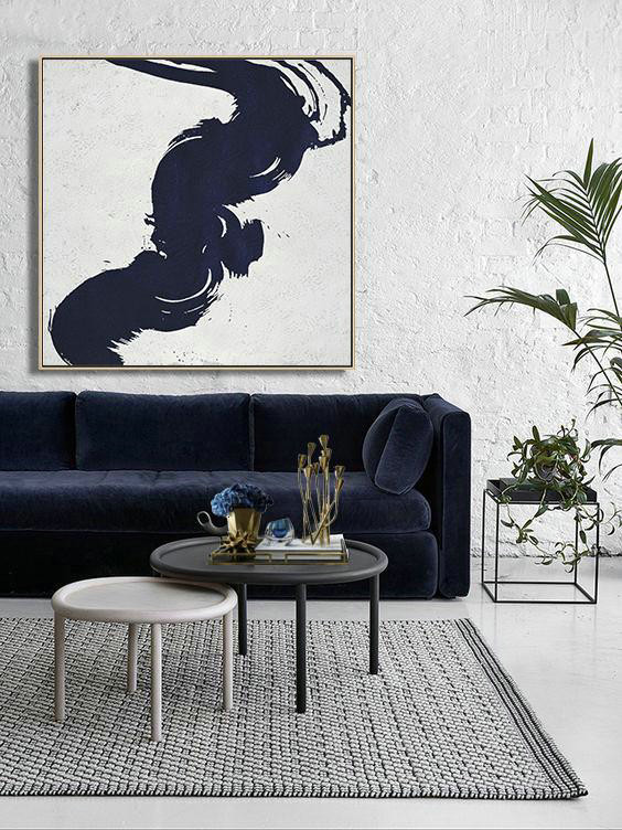 Handmade Extra Large Contemporary Painting,Minimalist Navy Blue And White Painting,Large Colorful Wall Art